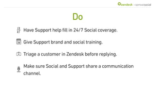 +
Have Support help fill in 24/7 Social coverage.
Give Support brand and social training.
Triage a customer in Zendesk before replying.
Make sure Social and Support share a communication
channel.
Do
 