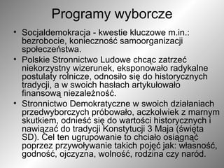 Programy wyborcze Socjaldemokracja - kwestie kluczowe m.in.: bezrobocie, konieczność samoorganizacji społeczeństwa. Polskie Stronnictwo Ludowe chcąc zatrzeć niekorzystny wizerunek, eksponowało radykalne postulaty rolnicze, odnosiło się do historycznych tradycji, a w swoich hasłach artykułowało finansową niezależność.  Stronnictwo Demokratyczne w swoich działaniach przedwyborczych próbowało, aczkolwiek z marnym skutkiem, odnieść się do wartości historycznych i nawiązać do tradycji Konstytucji 3 Maja (święta SD). Cel ten ugrupowanie to chciało osiągnąć poprzez przywoływanie takich pojęć jak: własność, godność, ojczyzna, wolność, rodzina czy naród.  