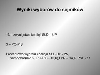 Wyniki wyborów do sejmików 13 – zwycięstwo koalicji SLD – UP 3 – PO-PiS Procentowo wygrała koalicja SLD-UP - 25, Samoobrona-16,  PO-PiS - 15,6),LPR – 14,4, PSL - 11 