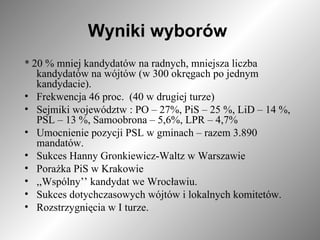 Wyniki wyborów  *  20 % mniej kandydatów na radnych, mniejsza liczba kandydatów na wójtów (w 300 okręgach po jednym kandydacie). Frekwencja 46 proc.  (40 w drugiej turze) Sejmiki województw : PO – 27%, PiS – 25 %, LiD – 14 %, PSL – 13 %, Samoobrona – 5,6%, LPR – 4,7% Umocnienie pozycji PSL w gminach – razem 3.890 mandatów.  Sukces Hanny Gronkiewicz-Waltz w Warszawie Porażka PiS w Krakowie  ,,Wspólny’’ kandydat we Wrocławiu. Sukces dotychczasowych wójtów i lokalnych komitetów. Rozstrzygnięcia w I turze.  