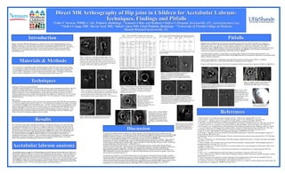 needed.




                                                                                          Direct MR Arthrography of Hip joint in Children for Acetabular Labrum-
                                                                                                            Techniques, Findings and Pitfalls
                                                                                    *Zahir U Sarwar, MBBS, CAQ, Pediatric Radiology, *Nemours Clinic and Wolfson Children’s Hospital, Jacksonville, FL, zsawar@nemors.org;
                                                                                         **Seth J Crapp, MD, *Kevin Neal, MD, *Inbal Cohen MD, Chief Pediatric Radiology- **University of Florida College of Medicine
                                                                                                                                      Shands Hospital-Jacksonville, FL

                                        Introduction                                                                                                                                                                                                                                                                                                                                                                                                                                                  Pitfalls
                                                                                                                                                                                                                                                         Table 1: Patient with MR Arthrogram and arthroscopy.                                       Table 2: Hips with MR arthrography and without arthroscopy
                                                                                                                                                                   FA                                                                                                                                                                                 Case    Labral tear   Labral        Absent     Irregular   Labral sulcus   Labral
                                                                                                                                                                                                                                                  Cas     Procedure   Labral   Labral       Absent   Irregular   High     Labral    Labral   Ag
                                                                                                                                                                                            I                                                                                                                                                                               hypertrophy   labrum     labrum
                                                                                                                                                              S
                                                                                                                                                                              FV                                                                  e                                                                                          e
                                                                                                                                       T        RF                Ip          P                                                                                                                                                                       total                                                      /recess         High
                                                                                                                                                                                                                         GP                                           tear     Hypertroph   labrum   labrum      signal   sulcus/   DJ
                                                                                                                                                         JC                                                                                       Side                         y                                                                      29      AS=11         0             0          AS=4        AS=0            AS=12
                                                                                                                                                                                                                                                  1/rt    MRI         N        N            N        N           AS       N         AS       18
          Magnetic resonance (MR) hip arthrography is a minimally invasive well established diagnostic tool for                       IL             F                                          Ip
                                                                                                                                                                                                          JC                                              Art         N        N            N        N                              AS                                                                                                            Sublabral sulcus: Sublabral sulci can be found in all anatomic location and some could be retrospectively visualized in
          imaging the labrum [5,12,18]. Distension of the capsule with intraarticular gadolinium enhances the MRI
                                                                                                                                                                                                                F
                                                                                                                                                                                                                                         Gmx
                                                                                                                                                                                                                                                  2/lt    MRI         SL       AS/PS/SL     N        N           AS/
                                                                                                                                                                                                                                                                                                                 labru    N
                                                                                                                                                                                                                                                                                                                          recess    N        15                                                                                  Signal/DJ        MRI[13,14]. Dinauer et al. first described posteroinferior sublabral groove or sulcus as a relatively common finding[13].
                                                                                                                                                                                                                                                                                                                                                              PS=0                                   N=25        PS=5            PS=0
          appearance of the labrum and allows improved detection of labral abnormalities [4]. However , experience in                                                                                                                                     Art         N        P            N        N
                                                                                                                                                                                                                                                                                                                 PS/SL
                                                                                                                                                                                                                                                                                                                 m
                                                                                                                                                                                                                                                                                                                          N         PS
                                                                                                                                                                                                                                                                                                                                                                                                                                                  Posteroinferior tear is rare. However, it is more common in Japan [13,16] In their study of 58 patients, 22.4% had
                                                                                                                                                                                                                              Gme
          children is limited. The purpose of this article is to describe the technique of Fluoroscopy guided Hip                                                                                                                                 3/rt    MRI         AS/SL    AS/PS/SL     N        N           AS/      N         AS/PS/   18                                                                                                   posteroinferior sulcus. (fig 10). Saddik et al described anterosuperior, anteroinferior, posterosuperior and posteroinferior sulcus
          Arthrography. To understand the MR anatomy of the acetabular labrum in children and normal variants
                                                                                                                                            Gmx                                                                                                                                                                  SL                 SL                        SL=4                                               SL=4            SL=3             [14, 8]]. We could not find any description of superolateral sublabral sulcus (fig 10). Two of our patient was had negative
                                                                                                                                                                                                                                                          AS          AS/SL    P            N        N                              AS/SL
          mimicking labral tear.
                                                                                                                                                                                                     IL                                                                                                                                                                                                                                           arthroscopy for suspected superolateral tear and possibly had sulcus (fig 15).
                                                                                                                                                                                                                                                  4/rt    MRI         AS/SL    N            N        AS/SL       AS/      N         AS/SL    18      AS= Anterosuperior, PS= posterosuperior, SL=Superolateral, N=Not
                                                                                                                                                                                                                                                                                                                 SL                                  found, P= Present
                                                                                                                                                                                                                                                                                                                                                             AS+SL=1                              AS+PS=1   AS+L=1
                                                                                                                                                                                                                                                                                                                                                                                                                                                  Unossified triradiate cartilage: In young children unossified triradiate cartilage of intermediate signal intensity in T1 fat
                                                                                                                                                                                                                                                          Art         AS/SL    N            N        AS/SL                          AS/SL
                                                                                                                                                                                                                                                                                                                                                                                                                                                  suppressed image Labrum overlying the triradiate cartilage (fig 13) should not be interpreted as degeneration. Intrasubstance high
                                                                                                                                    Figure 1. Needle tract: Axial (left) and sagittal (right) T1 fat
                                                                                                                                                                                                                                                  5/rt    MRI         AS       N            N        N           AS       SL        N        16                                                                                                   signal is difficult to characterize.
                                                                                                                                                                                                                                                          Art         AS       N            N        N                              N




                       Materials & Methods
                                                                                                                                    suppressed images showing needle tract. Rectus femoris m. (RF),                                               6/lt    MRI         AS       AS/PS/SL     N        N           AS/      N         AS/SL    20
                                                                                                                                    iliopsoas m. (Ip), iliofemoral ligament (IL), tensor fascia lata m. (T),                                              Art         AS       P            N        N           SL                 AS/SL                                                                                                         Posterior labrum high signal: Intrasubstance high signal when present in the posterosuperior labrum is a challenge.
                                                                                                                                    sartorius m.(S), femoral artery (FA), femoral vein (FV), pectineus m.
                                                                                                                                                                                                                                                  7/rt    MRI
                                                                                                                                                                                                                                                          Art
                                                                                                                                                                                                                                                                      AS
                                                                                                                                                                                                                                                                      AS
                                                                                                                                                                                                                                                                               N
                                                                                                                                                                                                                                                                               N
                                                                                                                                                                                                                                                                                            N
                                                                                                                                                                                                                                                                                            N
                                                                                                                                                                                                                                                                                                     N
                                                                                                                                                                                                                                                                                                     N
                                                                                                                                                                                                                                                                                                                 N        PS        N
                                                                                                                                                                                                                                                                                                                                    N
                                                                                                                                                                                                                                                                                                                                             17
                                                                                                                                                                                                                                                                                                                                                                                                                                                  Posterosuperior labral tear is rare but has been described in young patients and in Japanese.
                                                                                                                                    (P), femoral head (F), joint capsule (JC), growth plate (GP), iliacus m.                                      8/rt    MR          AS       N            N        N           AS       N         AS       12

                                                                                                                                    (I), gluteus medius (GMe), gluteus maximus (Gmx)
                                                                                                                                                                                                                                                          Art         AS       N            N        N                              AS                                                                                                            Posterior cleft formed at the junction of the transverse ligament and labrum may give false impression of labral tear (fig 14) [13].
                                                                                                                                                                                                                                                  9/rt    MR          AS       N            N        N           AS       N         AS       18
                                                                                                                                                                                                                                                          Art         AS       N            N        N                    N
           We retrospectively evaluated thirty-eight MR hip athrography studies performed on thirty-eight patients                                                                                                                                Art=Arthroscopy, DJ=Degeneration, AS= Anterosuperior, PS=posterosuperior,
           in our institution. Six patient had bilateral hip arthrography performed in a single setting. One patient had                                                                                                                          SL=Superolateral, N=Not found, P= Present,
           two arthrographies performed on the same hip for recurrent symptoms. Age of the patients ranged from
           twelve to twenty . Nine patients, so far have underwent arthroscopic surgery. All imaging was performed
           within two hours of arthrogram in a GE 1.5 Tesla magnet using 8-chanell cardiac coil.                                                                                  GMe                                                                                                                                                                    Figure 5 . Anterosuperior full thickness labral tear, a.
                                                                                                                                                                                                                              SL
                                                                                                                                                                        GMi
                                                                                                                                                                                                 Pv
                                                                                                                                                                                                                    TL                                                                                                                                   Axial T1 fat sat image showing full thickness
                                                                                                                                                                                                                                                                                                                                                         anterosuperior labral tear with high signal (white arrow).
                                                                                                                                           LT
                                                                                                                                                                                                                    FH                                                                                                                                   Paralabral cyst (yellow arrow) b. Sagittal image showing


                                            Techniques
                                                                                                                                                                        ZO                                                                                                                                                                               full thickness tear.
                                                                                                                                                                                   GT
                                                                                                                                                                                                               IL
                                                                                                                                                IL
                                                                                                                                                          Pe
                                                                                                                                                                                                                                   ItL
                                                                                                                                                                                                                                                                                                                                                                                                                                                                                                                                      Figure 13. Triradiate cartilage: Unossified triradiate
                                                                                                                                                                                        V                                                                                                                                                                                                                                                                                                                                             cartilage has bright signal (red arrow) on these
                                                                                                                                                                                                                                                                                                                                                                                                                                                   Figure 10. Posterior sublabral sulcus: Axial T1 fat sat image shows                coronal (left) and sagittal (right) T1 fat sat images
                                                                                                                                                                                                                                                   Figure 4. Anterosuperior (AS) and superolateral (SL) partial                                                                                                                                    homogenous and triangular shaped posterosuperior labrum with a
          Technique of Flouroscopy guided arthrogram:                                                                                                                                                                                                                                                                                                                                                                                              sublabral sulcus( white arrow).
          The patient is positioned supine. The hip is maximally internally rotated without patient discomfort. After local                                                                                                                        thickness tear: Axial (left) T1 fat-sat image showing contrast
          anesthesia a 22 gauge spinal needle is vertically introduced in the femoral neck till it touches the bone. The             Figure 2. Hip anatomy: Superior labrum (SL), inferior labrum (IL),                                            extendinding in the AS labrum ( white arrow) and preserved                                                                                                                                                                                                       Figure 14 (left). A and b.
          needle is aimed at the center of the femoral neck. Once the needle is in contact with the bone, the stylet is              transrverse ligament (TL), ligamentum teres (LT), perilabral recess (red                                      perilabral recess (yellow arrow) in keeping with AS partial                                                                                                                                                                                                      Bilateral superolateral
          withdrawn and half to one ml of buffered lidocaine is injected to anesthetize the periosteum. Free flow of                 arrow), zona orbicularis (ZO), periosteum (Pe), pulvinar (Pv), femoral                                        thickness tear (white arrow).                                                                                                                                                                                                                                    sublabral triangular shaped
          lidocaine indicates intra articular location of the needle tip. Ten to fifteen ml of a solution of 0.75 to 1% solution     head (FH), gluteus minimus (GMi), gluteus medius (GMe),                                                                                                                                                                                                                                                                                                                        recess (white arrow) with
          of gadolinium(0.15/0.2 ml of magnevist+ 5ml Optiray 300+ 5 ml .25% sensorcaine+ 10 ml normal saline) is                    intertrochanteric line (ItL), greater trochanter (GT), vastas lateralis (V)                                                                                Figure 6 (left). Labral degeneration:                     Figure 7a, Anterosuperior full-thicknes tear with labral                                                                                                  homogenously low signal
          injected in the joint.                                                                                                                                                                                                                                                                Axial T1 fat suppressed image
                                                                                                                                                                                                                                                                                                                                                          hypertrophy(white arrow) in a patient with history of AVN. b.                                                                                             triangular shaped
                                                                                                                                                                                                                                                                                                showing anterosuperior labral high
                                                                                                                                                                                                                                                                                                                                                          Axial image showing a paralabral cyst (white arrow). Note                                                                                                 labrum(yellow arrow) and
                                                                                                                                                                                                                                                                                                signal due to intrasubstance
          MRI sequence:                                                                                                                                                                                                                                                                                                                                   obliteration of anterior perilabral recess(green arrow) Preserved                                                                                         intact perilabral recess(red
                                                                                                                                                                                                                                                                                                degneration without tear.
          All patients were imaged within two hours of injection for maximum contrast effect [20]. MRI was performed in                                                                                                                                                                         Intrasubstance mild posterior high                        posterior perilabral recess(small arrow). Posterior labral                                                                                                arrow)
          a 1.5 Tesla GE magnet using 8 Channel Cardiac coil. Our standard protocol includes axial, sagittal and coronal                                                                                                                                                                        signal possibly secondary to                              hyperthrophy ( yellow arrow)
          T1 fat suppressed imaging at 3mm slice thickness with 1 mm gap, coronal inversion recovery sequence at 3mm                                                                                                                                                                            vascularity. The posterior labrum was                                                                                                                                                                                                                    Figure 15. Arthrscopic image
          with 0 to1 gap, axial MPGR at 3to 5 mm slice thickness with 1 to 2 mm gap and coronal 3DSPGR 1mm slice                                                                                                                                                                                normal on arthroscopy.                                                                                                                                                                                                                                   demonstrating labral tear
          thickness ( flip angle of 40). Field of view 18 to 22 cm and matrix size was 256X192-256. TR and TE were
          optimized according to number of slices at the discretion of the technologist to reduce scanning time. Axial,

                                                                                                                                                                                                                                                                                                                                                                                                                                                                                        References
          sagittal and oblique reconstructed images derived from the 3D coronal images were also evaluated using a
          General Electric (GE) Advantage workstation (AW) as needed.                                                                                                                                                                                                                                                          Figure 8. (left) a. Femoroacetabular
                                                                                                                                                                                                                                                                                                                               impingement with AS tear : Axial T1
                                                                                                                                                                                                                                                                                                                               fat sat image showing anterosuperior
                                                                                                                                                                                                                                                                                                                               labral high signal intensity (white
                                                                                                                                    Figure 3. Right: Transeverse ligament (red arrow), and Left:


                                                    Results
                                                                                                                                                                                                                                                                                                                               arrow). Femoral head cortical defect
                                                                                                                                    anterior (white arrow) and posterior labrum (blue arrow)                                                                                                                                   from impingement (yellow arrow).                                                                              1. Hong R, Hughes T et al. Magnetic resonance imaging of the hip. J. Magn. Reson. Imaging 2008;27:435–445.
                                                                                                                                                                                                                                                                                                                               b. Sagittal T1 fat sat image showing                                                                          2. Moore, Keith L. “Chapter 5: Lower Limb”, Clinically Oriented Anatomy 4th Ed. LWW Baltimore, Maryland. 1999
                                                                                                                                                                                                                                                                                                                               anterosuperior partial thickness labral                                                                       3. Petersildge, C.A. MR arthrography for evaluation of the acetabular labrum. Skeletal Radiol 2000; 30:423–430
                                                                                                                                                                                                                                                                                                                               tear.                                                                                                         4. Toomayan G, Holman W. et al. Sensitivity of MR Arthrography in the evaluation of acetabular labral tears. AJR 2006; 186:449-453
                                                                                                                                                                                                                                                                                                                                                                                              Figure 9 (top). SL tear: Coronal T1
          Out of the thirty -eight patients with MR hip arthrogram , nine had hip arthroscopy. Out of these nine hips,                                                                                                                                                                                                                                                                        fat sat image demonstrates supero-             5. Leunig M, Werlen S et al. Evaluation of the acetabular labrum by MR arthrography. J Bone Joint Surgery 1997;79-B:230-234.
          five patients had anterosuperior (AS) labral tear, two patients with history of Perthes disease had (AS) and                                                                                                                                                                                                                                                                        lateral partial thickness labral               6. Abe I, Harada Y et al. Acetabular labrum: Abnormal findings at MR imaging in asymptomatic hips. Radiology 2000; 216: 576-581.
          superolateral (SL) labral tear and one had no tear on MRI and arthroscopy. One patient with prior history of
          Perthes disease was called SL tear on MR and had no tear in arthroscopy. Seven of these eight patients with
          tear had associated intrasubstance high signal in the labrum (Table 1). Out of the twenty-nine patients who
          did not have arthroscopy eleven patient had MRI findings of AS tear, four had SL tear, one had AS +SL
                                                                                                                                                                                                                                                                      Discussion                                                                                                              tear(white arrow) Obliteration of
                                                                                                                                                                                                                                                                                                                                                                                              perilabral recess(yellow arrow)
                                                                                                                                                                                                                                                                                                                                                                                                                                             7. Lecouvet F, Berg B et al. MR imaging of the acetabular labrum: Variations in 200 asymptomatic hips. AJR 1996;167: 1025-1028.
                                                                                                                                                                                                                                                                                                                                                                                                                                             8. Petersilge C, Haque M et al Acetabular labral tear: Evaluation with MR arthrography. Radiology 1996; 200:231-235.
                                                                                                                                                                                                                                                                                                                                                                                                                                             9. James S, Ali K et al. MRI findings of femoroacetabular impingement. AJR 2006;187:1412-1419.
                                                                                                                                                                                                                                                                                                                                                                                                                                             10. Pfirrmann C, Mengiardi B et al. Cam and pincher femoroacetabular impingement: Characteristic MR arthrography finding in 50
          tear ,and thirteen had no tear (Table 2). With the exception of one, all the patients with AS tear had                                                                                                    Assessment of the MR arthrogram for labral tear includes evaluation of labral signal, labral shape, perilabral recess, and
          intrasubstance high signal in the labrum. None of the patients had an absent labrum (13). Irregular abnormal                                                                                              acetabular labral interface [3,12]. Labral pathology includes labral degeneration (fig 6), intrasubstance tear and detachment (fig                                                                                       patient. Radiology 2000: 240:778-785.
          morphology was noted in one patient in arthroscopy and four patients had MRI findings of an irregular                                                                                                     4,5 &9). Enlargement of labrum may be abnormal and may be related to degeneration possibly related to altered mechanics                                                                                                  11. Ghebontini L, Roger B et al. MR arthrography of the hip: normal intra-articular structures and common disorders. EUR. Radiology
          labrum. These patients also had high signal in the same area of labrum.                                                                                                                                   [3]. Recently femoroacetabular impingement has be attributed as a cause for labral tear (fig 8)[9,10].                                                                                                                   2000; 10: 83-88.
                                                                                                                                                                                                                    Crenzy et al. evaluated MR arthrography and described labral pathology based on characteristic of labrum. Stage 0 labra are                                                                                              12. Czerny C, Hofmann S et al. MR arthrography of the adult acetabular capsular-labral complex: Correlation with surgery and anatomy.
                                                                                                                                                                                                                    homogenously low signal, a triangular shape. Stage 1A labra has intrasubstance high signal, stage IIA has intrasubstance                                                                                                 AJR 1999; 173: 345 – 349.
                                                                                                                                                                                                                    contrast extension and stage IIIA is a detached labra. Stage I to III labra are further classified into types A and B. Type B labra                                                                                      13. Dinaur P, Murphy K et al. Sublabral sulcus at the posteroinferior acetabulum: A potential pitfall in MR arthrography diagnosis of

            Acetabular labrum anatomy
                                                                                                                                                                                                                    are hypertrophied and the perilabral sulcus is obliterated [12,3].                                                                                                                                                       acetabular labral tears. AJR 2004; 183: 1745 –183.
                                                                                                                                                                                                                    The shape of the labrum showed a tendency to be more round and irregular with age , and the signal intensity showed a                                                                                                    14. Saddik D, Troupis J et al. Prevalence and location of acetabular sublabral sulci at hip arthrography with Retrospective MRI review.
                                                                                                                                                                                                                    tendency to increase with age [6]. Lage classification, the only published arthroscopic classification categorizes labral tears in                                                                                       AJR 2006; 187:W507-W511.
                                                                                                                                                                                                                    terms of etiology; traumatic, degenerative, idiopathic and congenital and morphology; radial flap, radial fibrillated,
                                                                                                                                                                                                                    longitudinal peripheral and unstable. However, the Lage classification does not correlate well with the Czerny MRA or an                                                                                                 15. Blankebaker DG, DE Smett AA et al. Classification and localization of acetabular labral tears. Skeletal radiology 2007;36(5):
                                                                                                                                                                                                                    MRA modification of the Lage classification [15]. Location of labral pathology has been described as quadrant , and as clock-                                                                                            391-397.
           The acetabular labrum is comprised of fibrocartilaginous tissue that attaches to the acetabular rim similar to the                                                                                       face orientation using radial sequence [17].                                                                                                                                                                             16. Hase T, Ueo T. Acetabular labral tear: arthroscopic diagnosis and treatment. Arthroscopy 1999;15(2):138-141.
           glenoid labrum attachment (fig 1). It is an innervated but primarily avascular structure. The portion adjacent to                                                                                                                                                                                                                                                                                                            L    17. Yoon L, Palmer W et al. Evaluation of radial-sequence imaging in detecting acetabular labral tears at hip MR arthrography. Skeletal
           the capsule is slightly more vascular. It has been well established that the glenoid labrum adds some degree of                                                                                          For the purpose of simplicity, we described acetabular labrum in anterosuperior, superolateral and posterosuperior quadrant                                                                                              radiology2007;36:1029-1033.
           stability to the glenohumeral joint by deepening the glenoid fossa [1]. However, the role of the labrum in the                                                                                           [9].Since the arthroscopic treatment of tear involves judicious debridement back to a stable base while carefully preserving the
           inherently stable socket joint of the hip is not as well understood. The labrum is most typically triangular in cross-                                                                                                                                                                                                                                                                                                            18. Plotz G, Brossmann J et all. Magnetic resonance athrography of the acetabular labrum. J Bone and Joint Surg2000;82:426-432.
                                                                                                                                                                                                                    capsular labral tissue, we described labral pathology as partial tear (fig 4) where there is contrast extension from the articular                                                                                       19. Johnson N, Wood B et al. MR imaging anatomy of the infant hip. AJR1989;153:127-133.
           section (fig 3). Its shape can be round, flat, irregular or absent labrum which has been described in some adults                                                                                        surface into the labrum but does not reach the perilabral recess, full thickness tear or detachment (fig 7) where contrast extends
           (6,7). The labrum is thinner anteriorly and thickest posteriorly. Along the superior weight-bearing portion of the                                                                                                                                                                                                                                                                                                                 20. Andreisek G, Duc SR et al. MR arthrography of the shoulder, hip, and wrist: evaluation of contrast dynamics and image quality with
                                                                                                                                                                                                                    from the articular surface to perilabral recess and degeneration (fig 6) showing abnormal signal and or morphology. A
           joint the labrum covers a 5°–18° arc over the superior aspect of the femoral head. [3]                                                                                                                                                                                                                                                                                                                                            increasing injection-to-imaging time. AJR2007 Apr;188(4):1081-8
                                                                                                                                                                                                                    homogenously low signal and triangular labrum with perilabral recess is called a normal labrum [ 3, 4, 5,11, 12].
 