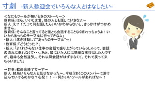 寸劇　-新人歓迎会でいろんな人とはなしたい-
＜なにもツールが無いときのストーリー＞
教育係：ほら、いいじま君。他の人とも話しにいきなよ～
新人：え？！だって何を話したらいいかわからないし、きっかけがつかめ
ません。
教育係：そんなこと言ってると誰とも会話することなく終わっちゃうよ！い
いからあっちのテーブルに行ってきなよ」
・新人：（席を移動して”あっちのテーブル”へ）
・教育係：「どうだった？」
・新人：「よくわからない仕事の会話で盛り上がっていらっしゃって、会話
の流れに乗れなくて・・・。あと、隣にいた人には簡単な挨拶はしたんです
が、趣味も全然違うし、それ以降会話がはずまなくて。それで戻って来
ちゃいました」
～幹事：歓迎会終了で～す～
新人：結局いろんな人と話せなかった～。今後うまくこのメンバーに溶け
込んでいけるのかな？心配！！・・・何かいいツールがあればな～！
 