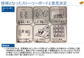 候補となったストーリーボードと意思決定
• このプロダクトは、写真撮影⇒ビンゴカード印刷⇒ビンゴ実施⇒その後のカード活用という通
り利用時の工程が多い。事前にPOV・HMWQを通して課題を紹介していることから「プロダク
トが無かったらこう問題が起きる、あったらこう良くなる」という流れではなく１工程ずつプロダ
クトの使い方を丁寧に説明するストーリーとした。
ストーリーボー
ド
意思決定
 