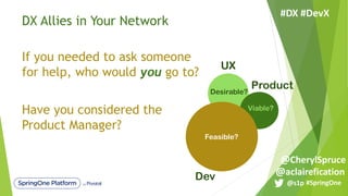 DX Allies in Your Network
UX
Dev
ProductDesirable?
Viable?
Feasible?
#SpringOne@s1p
#DX #DevX
@aclairefication
@CherylSpruce
If you needed to ask someone
for help, who would you go to?
Have you considered the
Product Manager?
 