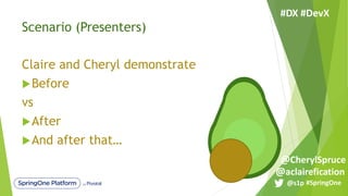 Scenario (Presenters)
Claire and Cheryl demonstrate
uBefore
vs
uAfter
uAnd after that…
#SpringOne@s1p
#DX #DevX
@aclairefication
@CherylSpruce
 