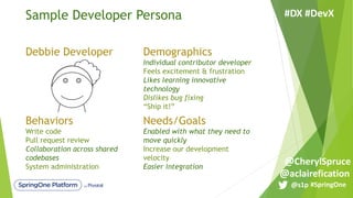 Sample Developer Persona
Debbie Developer Demographics
Individual contributor developer
Feels excitement & frustration
Likes learning innovative
technology
Dislikes bug fixing
“Ship it!”
Behaviors
Write code
Pull request review
Collaboration across shared
codebases
System administration
Needs/Goals
Enabled with what they need to
move quickly
Increase our development
velocity
Easier integration
#SpringOne@s1p
#DX #DevX
@aclairefication
@CherylSpruce
 