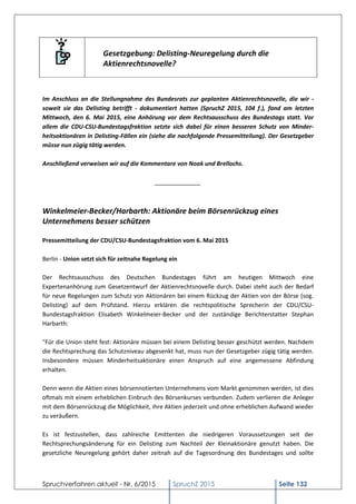 Spruchverfahren aktuell - Nr. 6/2015 SpruchZ 2015 Seite 132
Gesetzgebung: Delisting-Neuregelung durch die
Aktienrechtsnove...