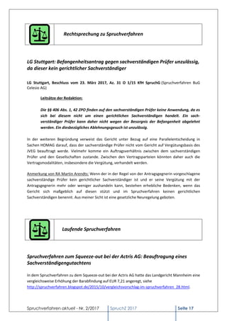 Spruchverfahren aktuell - Nr. 2/2017 SpruchZ 2017 Seite 17
Rechtsprechung zu Spruchverfahren
LG Stuttgart: Befangenheitsan...