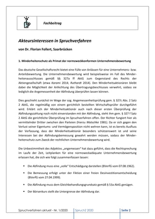 Spruchverfahren aktuell - Nr. 1/2020 SpruchZ 2020 Seite 2
Fachbeitrag
Akteursinteressen in Spruchverfahren
von Dr. Florian...
