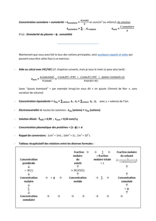 112
Concentration osmolaire = osmolarité = cosmolaire = en osm/m3
ou mOsm/L de solution
cosmolaire = ∑i . ci-molaire cosm =
D’où : Osmolarité du plasma = ф . osmolalité
_____________________________
Maintenant que vous avez fait le tour des notions principales, voici quelques rappels et aides qui
peuvent vous être utiles face à un exercice :
- Aide au calcul avec VIC/VEC (cf. chapitres suivants, mais je vous le mets ici pour plus tard) :
cosm = =
(avec “ajouts éventuels” = par exemple lorsqu’on vous dit « on ajoute 15mmol de Na+ », sans
variation de volume)
- Concentration équivalente = céq = ∑cations. zi . ci = ∑anions. zi . ci avec zi = valence de l’ion.
- Electroneutralité de toutes les solutions : céq (anions) = céq (cations)
- Solution diluée : fH2O > 0,99 ; cosm < 0,56 osm/kg
- Concentration plasmatique des protéines = (1- ф) d
- Rappel de conversions : 1cm3
= 1mL ; 1dm3
= 1L ; 1m3
= 103
L
- Tableau récapitulatif des relations entre les diverses formules :
 