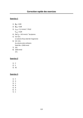 119
Correction rapide des exercices
Exercice 1
1) фpl = 0,94
2) фGR = 0,68
3) curée = 5,1 mmol.L-1
d’H20
furée = 0,09
4) [Na+
]pl = 141 mmol.L-1
de plasma
5) Vd =53 L
Le volume d’eau total de l’organisme
6) Vd = 16 L
Au volume extra cellulaire
Stock Na = 2240 mmol
7) 18 L
8) 1656 mmol
12 L
Exercice 2
1) C
2) E
3) AE
Exercice 3
1) E
2) A
3) C
4) B
5) B
6) A
7) C
 