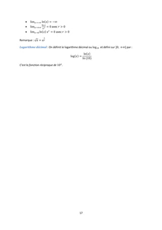 17

 avec
 avec
Remarque :
Logarithme décimal : On définit le logarithme décimal ou et défini sur par :
C’est la fonction réciproque de .
 