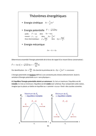 45
Théorèmes énergétiques
• Energie cinétique
• Energie potentielle
- poids : donc
- ressort : donc
- force électrostatique : donc
•
• Energie mécanique
Déterminons ensemble l’énergie potentielle de la force de rappel d’un ressort (force conservative) :
Par identification : . On cherche la primitive de :
L’énergie potentielle est toujours définie à une constante près choisie arbitrairement. Seule la
variation d’énergie potentielle a un « sens physique ».
A L’équilibre l’énergie potentielle atteint un extremum. Si c’est un maximum, l’équilibre est dit
instable. Si c’est un minimum, l’équilibre est dit stable (voir schéma). Pour comprendre cette notion,
imagine que tu places un ballon en équilibre au « sommet » ou au « fond » des courbes suivantes.
 