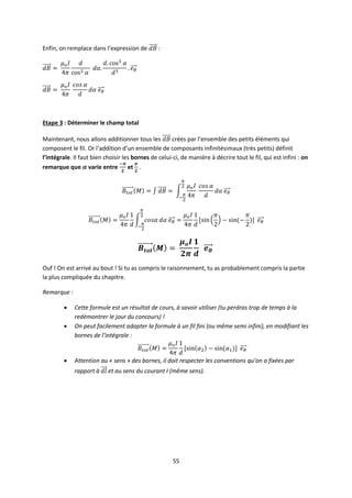 55
Enfin, on remplace dans l’expression de :
Etape 3 : Déterminer le champ total
Maintenant, nous allons additionner tous les crées par l’ensemble des petits éléments qui
composent le fil. Or l’addition d’un ensemble de composants infinitésimaux (très petits) définit
l’intégrale. Il faut bien choisir les bornes de celui-ci, de manière à décrire tout le fil, qui est infini : on
remarque que varie entre et .
Ouf ! On est arrivé au bout ! Si tu as compris le raisonnement, tu as probablement compris la partie
la plus compliquée du chapitre.
Remarque :
 Cette formule est un résultat de cours, à savoir utiliser (tu perdras trop de temps à la
redémontrer le jour du concours) !
 On peut facilement adapter la formule à un fil fini (ou même semi infini), en modifiant les
bornes de l’intégrale :
 Attention au « sens » des bornes, il doit respecter les conventions qu’on a fixées par
rapport à et au sens du courant I (même sens).
 