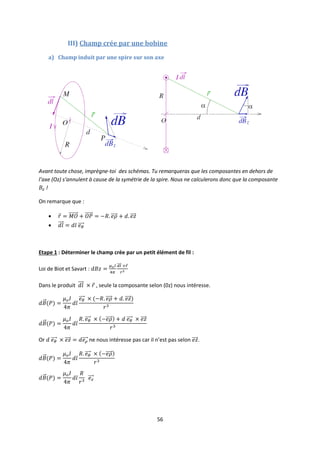 56
III) Champ crée par une bobine
a) Champ induit par une spire sur son axe
Avant toute chose, imprègne-toi des schémas. Tu remarqueras que les composantes en dehors de
l’axe (Oz) s’annulent à cause de la symétrie de la spire. Nous ne calculerons donc que la composante
!
On remarque que :


Etape 1 : Déterminer le champ crée par un petit élément de fil :
Loi de Biot et Savart :
Dans le produit , seule la composante selon (0z) nous intéresse.
Or ne nous intéresse pas car il n’est pas selon .
 