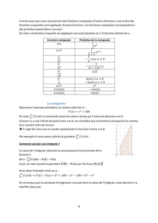 8
Il arrive aussi que nous rencontrions des fonctions composées d’autres fonctions, c’est-à-dire des
fonctions auxquelles sont appliqués d’autres fonctions, ces fonctions composées correspondent à
des primitives particulières, les voici :
On note u la fonction à laquelle est appliquée une autre fonction et u’ la fonction dérivée de u :
Fonction composée Primitive de la composée
Les intégrales
Reprenons l’exemple précédent, en notant cette fois-ci :
On note la somme de toutes les valeurs prises par f entre les abscisses a et b.
Comme il y a une infinité de point entre a et b, on considère que la primitive correspond à la somme
d’un nombre infini de termes.
 Il s’agit de l’aire sous la courbe représentant la fonction f entre a et b.
Par exemple ici nous avons coloriés la grandeur :
Comment calculer une intégrale ?
Le calcul de l’intégrale nécessite la connaissance d’une primitive de la
fonction f.
On a :
Aussi, on note souvent la grandeur par l’écriture
Ainsi, dans l’exemple choisi on a :
On remarque que la constante d’intégration s’annule dans le calcul de l’intégrale, cette dernière n’y
interfère donc pas.
 