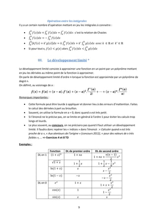 9
Opération entre les intégrales
Il y a un certain nombre d’opération mettant en jeu les intégrales à connaitre :
 : c’est la relation de Chasles


 Si pour tout x, alors
III. Le développement limité *
Le développement limité consiste à approximer une fonction en un point par un polynôme mettant
en jeu les dérivées au même point de la fonction à approximer.
On parle de développement limité d’ordre n lorsque la fonction est approximée par un polynôme de
degré n.
On définit, au voisinage de a :
Remarques importantes :
 Cette formule peut être lourde à appliquer et donner lieu à des erreurs d’inattention. Faites
le calcul des dérivées à part au brouillon.
 Souvent, on utilise la formule en a = 0, donc quand x est très petit.
 Si l’énoncé ne le précise pas, on se limite en général à l’ordre 1 pour éviter les calculs trop
longs et lourds.
 Le plus souvent, au concours, on ne précisera pas quand il faut utiliser un développement
limité. Il faudra donc repérer les « indices » dans l’énoncé : « Calculer quand x est très
proche de a », « Aux alentours de l’origine » (concours 2012), « pour des valeurs de x très
faibles », … => Exercices 4 et 8 TD
Exemples :
Fonction DL de premier ordre DL de second ordre
DL en 1
DL en 0
 