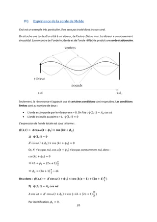 97
IV) Expérience de la corde de Melde
Ceci est un exemple très particulier, il ne sera pas traité dans le cours oral.
On attache une corde d’un côté à un vibreur, de l’autre côté au mur. Le vibreur a un mouvement
sinusoïdal. La rencontre de l’onde incidente et de l’onde réfléchie produit une onde stationnaire.
Seulement, la résonnance n’apparait que si certaines conditions sont respectées. Les conditions
limites sont au nombre de deux :
 L’onde est imposée par le vibreur en x = 0. On fixe :
 L’onde est nulle au point x = L.
L’expression de l’onde totale est sous la forme :
1)
Or, A’ n’est pas nul, n’est pas constamment nul, donc :


On a donc :
2)
Par identification, .
 