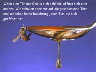 Wenn eine Tür des Glücks sich schließt, öffnet sich eine andere. Wir schauen aber nur auf die geschlossene Türe und schenken keine Beachtung jener Tür, die sich geöffnet hat. 