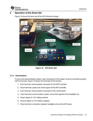 SPRUHP3
Automotive Adaptive Front-lighting Reference Design 23
3 Operation of the Demo Set
Figure 14 shows the demo set of the AFS reference design.
Figure 14. AFS Demo Set
3.1.1 Connections
To set up the demonstration system, each component of the system must be connected properly
with the harness. Figure 15 shows the terminals of the harness.
1. 8-pin terminal; communication connector for the AFS controller
2. 20-pin terminal; power and control signal of the AFS controller
3. 8-pin terminal; communication and power of the control panel
4. 14-pin terminal; communication, power, and control signals of the headlight unit
5. Power clipper to 12-V battery positive
6. Ground clipper to 12-V battery negative
7. 20-pin terminal; connection between headlight unit and the AFS slave
 
