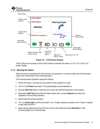 SPRUHP3
Automotive Adaptive Front-lighting Reference Design 31
Figure 19. LCD Screen Display
Three LEDs are mounted on the control panel to indicate the status of 12-V, 5-V, and 3.3-V
power supply.
3.1.3 Starting the Demo
When the demo is powered for the first time, the projector is moved to each end of the position
range and comes back to the neutral position.
The recommended operation sequence follows:
1. Power the demo, and wait for the position of the projector to reset.
2. Turn on the Power key switch. The parking light is automatically on.
3. Activate Self Test within 5 seconds and check the self-test operation of the system.
4. Deactivate Self Test and rotate the Turn switch left, or press Hazard and check the
operation of the turning indicator.
5. Deactivate the turning indicator.
6. Turn on Head Light, and the low beam is on. Project adjusts its position as in Class V (speed
is less than 50 km/h.)
7. Keep vehicle speed less than 40 km/h and turn the steering wheel (Direction) to left.
Cornering light is on automatically.
 