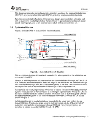 SPRUHP3
Automotive Adaptive Front-lighting Reference Design 5
This design considers the general automotive operation conditions like electrical disturbances
(ISO7637), environmental conditions (ISO16750), and other existing industrial standards.
To better demonstrate the functions of the reference design, a demonstration set is also built
with an automotive headlight product as the target load. To generate command signals as car
speed, steering angle, and so on, a control panel is built for this demonstration set.
1.3 System Architecture
Figure 2 shows the AFS in an automotive network structure.
Figure 2. Automotive Network Structure
This is a concept structure of the network connection for all components in the vehicle that are
concerned in the AFS.
Sensors in different positions around the vehicle are connected to BCM through the CAN or LIN
bus. Front and rear chassis sensors detect the height of the vehicle and are connected through
the LIN to BCM or through HS-CAN to the chassis system. In the latter case, information about
the height of the vehicle is transferred to BCM through a CAN bus gateway unit.
Rain sensors are usually implemented in the wiper or washer subsystem of the body or comfort
system. This subsystem is then connected to an intelligent wiper controller through the LIN, and
the wiper controller sends the weather condition information back to BCM through LS-CAN as
the body or comfort system; or it is connected directly with the BCM through the LIN bus as
shown in Figure 2.
Vehicle speed sensor is usually located and connected in the power train system of a car
through HS-CAN. The steering angle sensor is likely connected with the EPS, and the ESP
subsystem belongs to the chassis system through HS-CAN. Here, their connections are
simplified to a direct connection to BCM through HS-CAN.
 