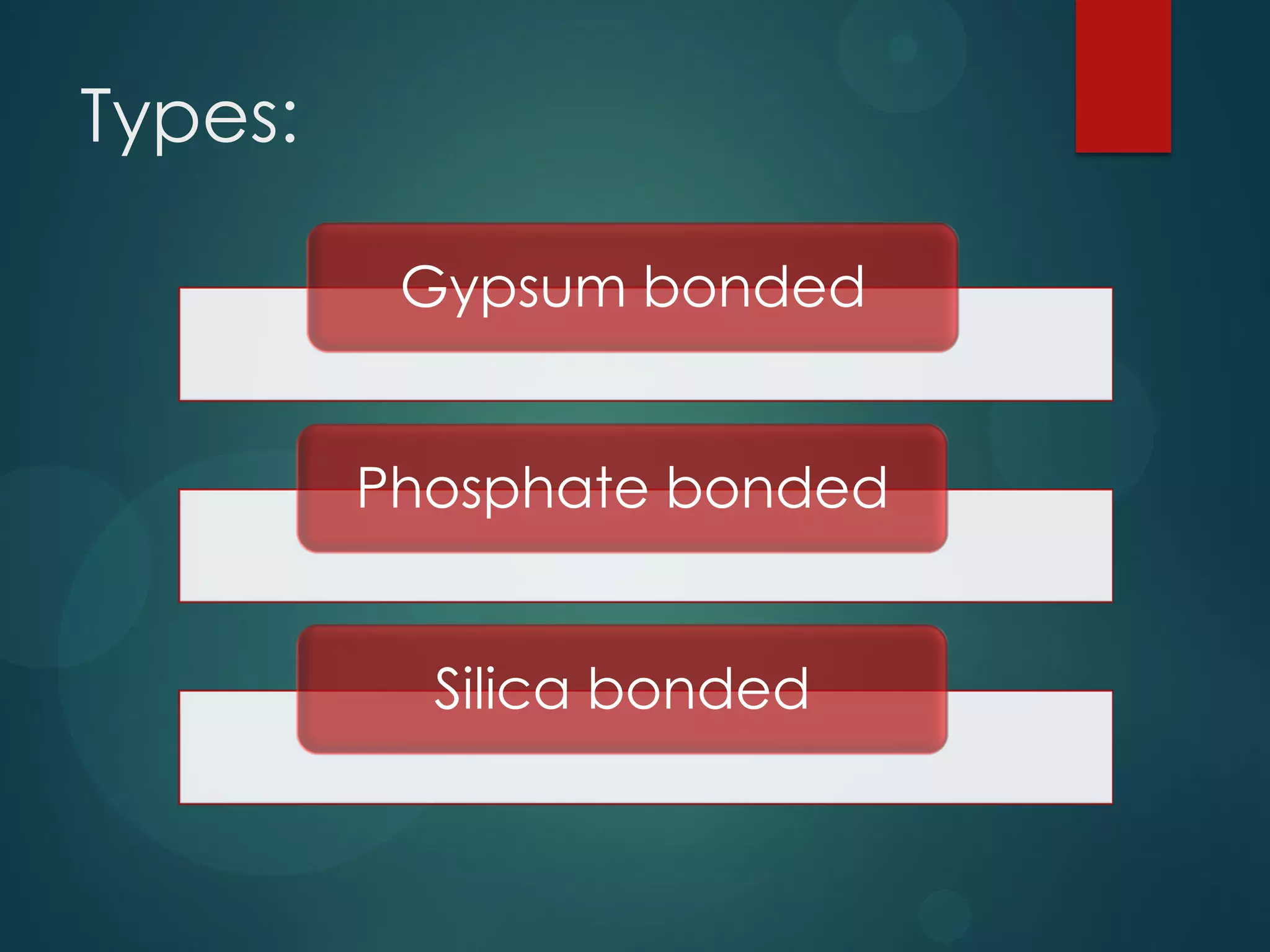 Types:
Gypsum bonded
Phosphate bonded
Silica bonded

 