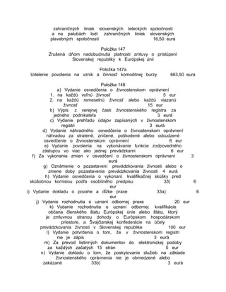 zahraničných liniek slovenských leteckých spoločností
a na palubách lodí zahraničných liniek slovenských
plavebných spoločností
16,50 eura
Položka 147
Zrušená dňom nadobudnutia platnosti zmluvy o pristúpení
Slovenskej republiky k Európskej únii
Položka 147a
Udelenie povolenia na vznik a činnosť komoditnej burzy

663,50 eura

Položka 148
a) Vydanie osvedčenia o živnostenskom oprávnení
1. na každú voľnú živnosť
5 eur
2. na každú remeselnú živnosť alebo každú viazanú
živnosť
15 eur
b) Výpis z verejnej časti živnostenského registra za
jedného podnikateľa
3 eurá
c) Vydanie prehľadu údajov zapísaných v živnostenskom
registri
3 eurá
d) Vydanie náhradného osvedčenia o živnostenskom oprávnení
náhradou za stratené, zničené, poškodené alebo odcudzené
osvedčenie o živnostenskom oprávnení
6 eur
e) Vydanie povolenia na vykonávanie funkcie zodpovedného
zástupcu vo viac ako jednej prevádzkarni
6 eur
f) Za vykonanie zmien v osvedčení o živnostenskom oprávnení
3
eurá
g) Oznámenie o pozastavení prevádzkovania živnosti alebo o
zmene doby pozastavenia prevádzkovania živnosti 4 eurá
h) Vydanie osvedčenia o vykonaní kvalifikačnej skúšky pred
skúšobnou komisiou podľa osobitného predpisu
33)
6
eur
i) Vydanie dokladu o povahe a dĺžke praxe
33a)
6
eur
j) Vydanie rozhodnutia o uznaní odbornej praxe
20 eur
k) Vydanie rozhodnutia o uznaní odbornej kvalifikácie
občana členského štátu Európskej únie alebo štátu, ktorý
je zmluvnou stranou dohody o Európskom hospodárskom
priestore, a Švajčiarskej konfederácie na účely
prevádzkovania živnosti v Slovenskej republike
100 eur
l) Vydanie potvrdenia o tom, že v živnostenskom registri
nie je zápis
3 eurá
m) Za prevod listinných dokumentov do elektronickej podoby
za každých začatých 15 strán
5 eur
n) Vydanie dokladu o tom, že poskytovanie služieb na základe
živnostenského oprávnenia nie je obmedzené alebo
zakázané
33b)
3 eurá

 