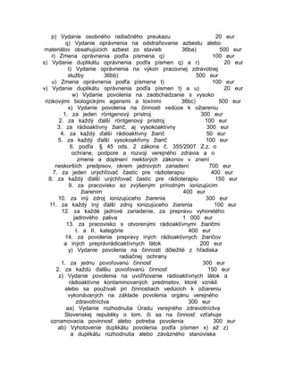p) Vydanie osobného radiačného preukazu
20 eur
q) Vydanie oprávnenia na odstraňovanie azbestu alebo
materiálov obsahujúcich azbest zo stavieb
36ba)
500 eur
r) Zmena oprávnenia podľa písmena q)
100 eur
s) Vydanie duplikátu oprávnenia podľa písmen q) a r)
20 eur
t) Vydanie oprávnenia na výkon pracovnej zdravotnej
služby
36bb)
500 eur
u) Zmena oprávnenia podľa písmena t)
100 eur
v) Vydanie duplikátu oprávnenia podľa písmen t) a u)
20 eur
w) Vydanie povolenia na zaobchádzanie s vysoko
rizikovými biologickými agensmi a toxínmi
36bc)
500 eur
x) Vydanie povolenia na činnosti vedúce k ožiareniu
1. za jeden röntgenový prístroj
300 eur
2. za každý ďalší röntgenový prístroj
100 eur
3. za rádioaktívny žiarič, aj vysokoaktívny
300 eur
4. za každý ďalší rádioaktívny žiarič
50 eur
5. za každý ďalší vysokoaktívny žiarič
100 eur
6. podľa § 45 ods. 2 zákona č. 355/2007 Z.z. o
ochrane, podpore a rozvoji verejného zdravia a o
zmene a doplnení niektorých zákonov v znení
neskorších predpisov, okrem jadrových zariadení
700 eur
7. za jeden urýchľovač častíc pre rádioterapiu
400 eur
8. za každý ďalší urýchľovač častíc pre rádioterapiu
150 eur
9. za pracovisko so zvýšeným prírodným ionizujúcim
žiarením
400 eur
10. za iný zdroj ionizujúceho žiarenia
300 eur
11. za každý iný ďalší zdroj ionizujúceho žiarenia
100 eur
12. za každé jadrové zariadenie, za prepravu vyhoretého
jadrového paliva
1 000 eur
13. za pracovisko s otvorenými rádioaktívnymi žiaričmi
I. a II. kategórie
400 eur
14. za povolenie prepravy iných rádioaktívnych žiaričov
a iných preprávrádioaktívnych látok
200 eur
y) Vydanie povolenia na činnosti dôležité z hľadiska
radiačnej ochrany
1. za jednu povoľovanú činnosť
300 eur
2. za každú ďalšiu povoľovanú činnosť
150 eur
z) Vydanie povolenia na uvoľňovanie rádioaktívnych látok a
rádioaktívne kontaminovaných predmetov, ktoré vznikli
alebo sa používali pri činnostiach vedúcich k ožiareniu
vykonávaných na základe povolenia orgánu verejného
zdravotníctva
300 eur
aa) Vydanie rozhodnutia Úradu verejného zdravotníctva
Slovenskej republiky o tom, či sa na činnosť vzťahuje
oznamovacia povinnosť alebo potreba povolenia
300 eur
ab) Vyhotovenie duplikátu povolenia podľa písmen x) až z)
a duplikátu rozhodnutia alebo záväzného stanoviska

 
