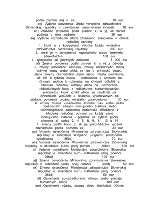 podľa písmen aa) a ae)
10 eur
ac) Vydanie potvrdenia Úradu verejného zdravotníctva
Slovenskej republiky o zaevidovaní oznamovanej činnosti
30 eur
ad) Zrušenie povolenia podľa písmen x) a y), ak držiteľ
požiada o jeho zrušenie
30 eur
ae) Vydanie rozhodnutia alebo záväzného stanoviska v oblasti
radiačnej ochrany
1. ktoré je v kompetencii výlučne Úradu verejného
zdravotníctva Slovenskej republiky
200 eur
2. ktoré je v kompetencii regionálneho úradu verejného
zdravotníctva
100 eur
3. týkajúceho sa jadrových zariadení
1 000 eur
af) Zmena povolenia podľa písmen x) a y) z dôvodu
1. zmeny odborného zástupcu, zmeny obchodného mena,
právnej formy alebo sídla, ak ide o právnickú osobu,
alebo zmeny obchodného mena alebo miesta podnikania,
ak ide o fyzickú osobu - podnikateľa v povolení na
činnosti vedúce k ožiareniu, na činnosti dôležité z
hľadiska radiačnej ochrany alebo na uvoľňovanie
rádioaktívnych látok a rádioaktívne kontaminovaných
predmetov, ktoré vznikli alebo sa používali pri
činnostiach vedúcich k ožiareniu vykonávaných na
základe povolenia orgánu verejného zdravotníctva
30 eur
2. zmeny miesta vykonávania činnosti, typu alebo počtu
používaných zdrojov ionizujúceho žiarenia alebo
technologického zariadenia pracoviska dôležitého z
hľadiska radiačnej ochrany za každý zdroj
ionizujúceho žiarenia - poplatok sa vyberá podľa
písmena x) bodov 2, 4, 5, 8, 9, 11, 13 a 14
3. zmeny podľa bodu 2, ak jej predchádzalo vydanie
rozhodnutia podľa písmena ae)
30 eur
ag) Vydanie osvedčenia Ministerstva zdravotníctva Slovenskej
republiky o akreditácii študijného programu sústavného
vzdelávania
36bd)
70 eur
ah) Vydanie osvedčenia Ministerstva zdravotníctva Slovenskej
republiky o akreditácii kurzu prvej pomoci
36bd)
100 eur
ai) Vydanie osvedčenia Ministerstva zdravotníctva Slovenskej
republiky o akreditácii kurzu inštruktora prvej pomoci
36bd)
100 eur
aj) Zmena osvedčenia Ministerstva zdravotníctva Slovenskej
republiky o akreditácii kurzu prvej pomoci
36bd)
50 eur
ak) Zmena osvedčenia Ministerstva zdravotníctva Slovenskej
republiky o akreditácii kurzu inštruktora prvej pomoci
36bd)
50 eur
al) Oznámenie sprostredkovania nákupu alebo predaja
humánnych liekov
100 eur
am) Oznámenie výroby, dovozu alebo distribúcie účinnej

 