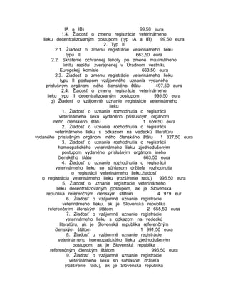 IA a IB)
99,50 eura
1.4. Žiadosť o zmenu registrácie veterinárneho
lieku decentralizovaným postupom (typ IA a IB)
99,50 eura
2. Typ II
2.1. Žiadosť o zmenu registrácie veterinárneho lieku
typu II
663,50 eura
2.2. Skrátenie ochrannej lehoty po zmene maximálneho
limitu rezíduí zverejnenej v Úradnom vestníku
Európskej komisie
663,50 eura
2.3. Žiadosť o zmenu registrácie veterinárneho lieku
typu II postupom vzájomného uznania vydaného
príslušným orgánom iného členského štátu
497,50 eura
2.4. Žiadosť o zmenu registrácie veterinárneho
lieku typu II decentralizovaným postupom
995,50 eura
g) Žiadosť o vzájomné uznanie registrácie veterinárneho
lieku
1. Žiadosť o uznanie rozhodnutia o registrácii
veterinárneho lieku vydaného príslušným orgánom
iného členského štátu
1 659,50 eura
2. Žiadosť o uznanie rozhodnutia o registrácii
veterinárneho lieku s odkazom na vedeckú literatúru
vydaného príslušným orgánom iného členského štátu
1 327,50 eura
3. Žiadosť o uznanie rozhodnutia o registrácii
homeopatického veterinárneho lieku zjednodušeným
postupom vydaného príslušným orgánom iného
členského štátu
663,50 eura
4. Žiadosť o uznanie rozhodnutia o registrácii
veterinárneho lieku so súhlasom držiteľa rozhodnutia
o registrácii veterinárneho lieku,žiadosť
o registráciu veterinárneho lieku (rozšírenie radu)
995,50 eura
5. Žiadosť o uznanie registrácie veterinárneho
lieku decentralizovaným postupom, ak je Slovenská
republika referenčným členským štátom
4 979 eur
6. Žiadosť o vzájomné uznanie registrácie
veterinárneho lieku, ak je Slovenská republika
referenčným členským štátom
2 655,50 eura
7. Žiadosť o vzájomné uznanie registrácie
veterinárneho lieku s odkazom na vedeckú
literatúru, ak je Slovenská republika referenčným
členským štátom
1 991,50 eura
8. Žiadosť o vzájomné uznanie registrácie
veterinárneho homeopatického lieku zjednodušeným
postupom, ak je Slovenská republika
referenčným členským štátom
995,50 eura
9. Žiadosť o vzájomné uznanie registrácie
veterinárneho lieku so súhlasom držiteľa
(rozšírenie radu), ak je Slovenská republika

 