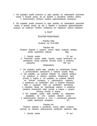 1. Od poplatku podľa písmena c) tejto položky sú oslobodené právnické
osoby a fyzické osoby, ak sa žiadosť o povolenie colného režimu
s ekonomickým účinkom podáva zjednodušeným postupom.
2. Od poplatku podľa písmena e) tejto položky sú oslobodené právnické
osoby a fyzické osoby, ak ide o žiadosť o povolenie zjednodušeného
postupu pri podávaní colného vyhlásenia pri neúplnom colnom vyhlásení.
X. ČASŤ
ŽIVOTNÉ PROSTREDIE
Položka 159a
Zrušená od 15.9.1999
Položka 160
Podanie žiadosti o vydanie, zmenu alebo zrušenie súhlasu
podľa osobitného zákona
36p)
1. fyzická osoba
10 eur
2. Právnická osoba alebo fyzická osoba oprávnená na
podnikanie, ktorej predmet činnosti súvisí s podanou
žiadosťou
100 eur
Oslobodenie
1. Od poplatku podľa tejto položky sú oslobodené múzeá
s prírodovedným zameraním a verejné vysoké školy.
2. Od poplatku za podanie žiadosti na vydanie súhlasu
na prieskum a výskum osobitne chránených častí
prírody a krajiny a od poplatku za podanie žiadosti
na činnosť súvisiacu s vykonávaním výskumu
a prieskumu sú oslobodení žiaci a študenti stredných
škôl a vysokých škôl po predložení potvrdenia
o návšteve školy, ak vykonávajú výskum a prieskum
osobitne chránených častí prírody a krajiny v záujme
ochrany prírody a krajiny.
3. Od poplatku podľa tejto položky sú oslobodení
žiadatelia, ak nimi
podaná žiadosť súvisí
s odstraňovaním stromov a krov v ochranných pásmach
podľa osobitných predpisov.
37)
Položka 161
Podanie žiadosti o povolenie, zmenu alebo zrušenie
výnimky zo zákazov ustanovených osobitným zákonom 36p)
1. fyzická osoba

10 eur

 