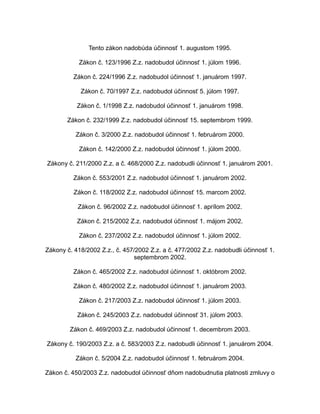 Tento zákon nadobúda účinnosť 1. augustom 1995.
Zákon č. 123/1996 Z.z. nadobudol účinnosť 1. júlom 1996.
Zákon č. 224/1996 Z.z. nadobudol účinnosť 1. januárom 1997.
Zákon č. 70/1997 Z.z. nadobudol účinnosť 5. júlom 1997.
Zákon č. 1/1998 Z.z. nadobudol účinnosť 1. januárom 1998.
Zákon č. 232/1999 Z.z. nadobudol účinnosť 15. septembrom 1999.
Zákon č. 3/2000 Z.z. nadobudol účinnosť 1. februárom 2000.
Zákon č. 142/2000 Z.z. nadobudol účinnosť 1. júlom 2000.
Zákony č. 211/2000 Z.z. a č. 468/2000 Z.z. nadobudli účinnosť 1. januárom 2001.
Zákon č. 553/2001 Z.z. nadobudol účinnosť 1. januárom 2002.
Zákon č. 118/2002 Z.z. nadobudol účinnosť 15. marcom 2002.
Zákon č. 96/2002 Z.z. nadobudol účinnosť 1. aprílom 2002.
Zákon č. 215/2002 Z.z. nadobudol účinnosť 1. májom 2002.
Zákon č. 237/2002 Z.z. nadobudol účinnosť 1. júlom 2002.
Zákony č. 418/2002 Z.z., č. 457/2002 Z.z. a č. 477/2002 Z.z. nadobudli účinnosť 1.
septembrom 2002.
Zákon č. 465/2002 Z.z. nadobudol účinnosť 1. októbrom 2002.
Zákon č. 480/2002 Z.z. nadobudol účinnosť 1. januárom 2003.
Zákon č. 217/2003 Z.z. nadobudol účinnosť 1. júlom 2003.
Zákon č. 245/2003 Z.z. nadobudol účinnosť 31. júlom 2003.
Zákon č. 469/2003 Z.z. nadobudol účinnosť 1. decembrom 2003.
Zákony č. 190/2003 Z.z. a č. 583/2003 Z.z. nadobudli účinnosť 1. januárom 2004.
Zákon č. 5/2004 Z.z. nadobudol účinnosť 1. februárom 2004.
Zákon č. 450/2003 Z.z. nadobudol účinnosť dňom nadobudnutia platnosti zmluvy o

 