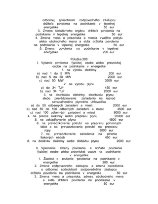 odbornej spôsobilosti zodpovedného zástupcu
držiteľa povolenia na podnikanie v tepelnej
energetike
50 eur
3. Zmena štatutárneho orgánu držiteľa povolenia na
podnikanie v tepelnej energetike
50 eur
4. Zmena mena a priezviska a miesta trvalého pobytu
alebo obchodného mena a sídla držiteľa povolenia
na podnikanie v tepelnej energetike
50 eur
5. Zmena povolenia na podnikanie v tepelnej
energetike
200 eur
Položka 208
I. Vydanie povolenia fyzickej osobe alebo právnickej
osobe na podnikanie v energetike
1. na výrobu elektriny
a) nad 1 do 5 MW
200 eur
b) nad 5 do 50 MW
2000 eur
c) nad 50 MW
3500 eur
2. na výrobu plynu
a) do 34 TJ/r
450 eur
b) nad 34 TJ/r
2000 eur
3. na distribúciu elektriny, distribúciu plynu,
alebo prevádzkovanie
zariadenia na rozvod
skvapalneného plynného uhľovodíka
a) do 50 odberných zariadení a miest
2000 eur
b) nad 50 do 100 odberných zariadení a miest
4500 eur
c) nad 100 odberných zariadení a miest
8000 eur
4. na prenos elektriny alebo prepravu plynu
20000 eur
5. na uskladňovanie plynu
4500 eur
6. na prevádzkovanie potrubí na prepravu pohonných
látok a na prevádzkovanie potrubí na prepravu
ropy
8000 eur
7. na prevádzkovanie zariadenia na
plnenie
tlakových nádob
450 eur
8. na dodávku elektriny alebo dodávku plynu
2000 eur
II. Vykonanie zmeny povolenia a odňatie povolenia
fyzickej osobe alebo právnickej osobe na podnikanie
v energetike
1. Žiadosť o zrušenie povolenia na podnikanie v
energetike
200 eur
2. Zmena zodpovedného zástupcu a zmena osvedčenia
o odbornej spôsobilosti zodpovedného zástupcu
držiteľa povolenia na podnikanie v energetike
50 eur
3. Zmena mena a priezviska, adresy, obchodného mena
a sídla držiteľa povolenia na podnikanie v
energetike
50 eur

 