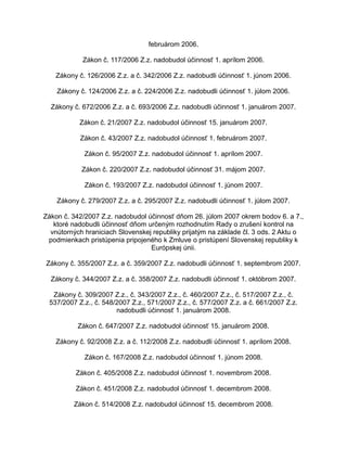 februárom 2006.
Zákon č. 117/2006 Z.z. nadobudol účinnosť 1. aprílom 2006.
Zákony č. 126/2006 Z.z. a č. 342/2006 Z.z. nadobudli účinnosť 1. júnom 2006.
Zákony č. 124/2006 Z.z. a č. 224/2006 Z.z. nadobudli účinnosť 1. júlom 2006.
Zákony č. 672/2006 Z.z. a č. 693/2006 Z.z. nadobudli účinnosť 1. januárom 2007.
Zákon č. 21/2007 Z.z. nadobudol účinnosť 15. januárom 2007.
Zákon č. 43/2007 Z.z. nadobudol účinnosť 1. februárom 2007.
Zákon č. 95/2007 Z.z. nadobudol účinnosť 1. aprílom 2007.
Zákon č. 220/2007 Z.z. nadobudol účinnosť 31. májom 2007.
Zákon č. 193/2007 Z.z. nadobudol účinnosť 1. júnom 2007.
Zákony č. 279/2007 Z.z. a č. 295/2007 Z.z. nadobudli účinnosť 1. júlom 2007.
Zákon č. 342/2007 Z.z. nadobudol účinnosť dňom 26. júlom 2007 okrem bodov 6. a 7.,
ktoré nadobudli účinnosť dňom určeným rozhodnutím Rady o zrušení kontrol na
vnútorných hraniciach Slovenskej republiky prijatým na základe čl. 3 ods. 2 Aktu o
podmienkach pristúpenia pripojeného k Zmluve o pristúpení Slovenskej republiky k
Európskej únii.
Zákony č. 355/2007 Z.z. a č. 359/2007 Z.z. nadobudli účinnosť 1. septembrom 2007.
Zákony č. 344/2007 Z.z. a č. 358/2007 Z.z. nadobudli účinnosť 1. októbrom 2007.
Zákony č. 309/2007 Z.z., č. 343/2007 Z.z., č. 460/2007 Z.z., č. 517/2007 Z.z., č.
537/2007 Z.z., č. 548/2007 Z.z., 571/2007 Z.z., č. 577/2007 Z.z. a č. 661/2007 Z.z.
nadobudli účinnosť 1. januárom 2008.
Zákon č. 647/2007 Z.z. nadobudol účinnosť 15. januárom 2008.
Zákony č. 92/2008 Z.z. a č. 112/2008 Z.z. nadobudli účinnosť 1. aprílom 2008.
Zákon č. 167/2008 Z.z. nadobudol účinnosť 1. júnom 2008.
Zákon č. 405/2008 Z.z. nadobudol účinnosť 1. novembrom 2008.
Zákon č. 451/2008 Z.z. nadobudol účinnosť 1. decembrom 2008.
Zákon č. 514/2008 Z.z. nadobudol účinnosť 15. decembrom 2008.

 