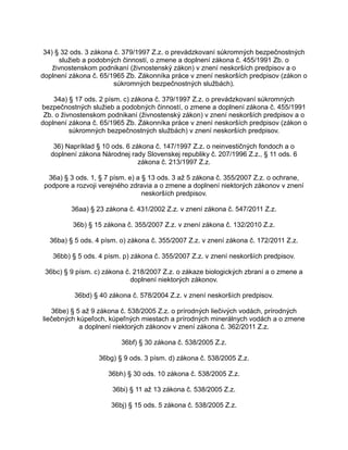34) § 32 ods. 3 zákona č. 379/1997 Z.z. o prevádzkovaní súkromných bezpečnostných
služieb a podobných činností, o zmene a doplnení zákona č. 455/1991 Zb. o
živnostenskom podnikaní (živnostenský zákon) v znení neskorších predpisov a o
doplnení zákona č. 65/1965 Zb. Zákonníka práce v znení neskorších predpisov (zákon o
súkromných bezpečnostných službách).
34a) § 17 ods. 2 písm. c) zákona č. 379/1997 Z.z. o prevádzkovaní súkromných
bezpečnostných služieb a podobných činností, o zmene a doplnení zákona č. 455/1991
Zb. o živnostenskom podnikaní (živnostenský zákon) v znení neskorších predpisov a o
doplnení zákona č. 65/1965 Zb. Zákonníka práce v znení neskorších predpisov (zákon o
súkromných bezpečnostných službách) v znení neskorších predpisov.
36) Napríklad § 10 ods. 6 zákona č. 147/1997 Z.z. o neinvestičných fondoch a o
doplnení zákona Národnej rady Slovenskej republiky č. 207/1996 Z.z., § 11 ods. 6
zákona č. 213/1997 Z.z.
36a) § 3 ods. 1, § 7 písm. e) a § 13 ods. 3 až 5 zákona č. 355/2007 Z.z. o ochrane,
podpore a rozvoji verejného zdravia a o zmene a doplnení niektorých zákonov v znení
neskorších predpisov.
36aa) § 23 zákona č. 431/2002 Z.z. v znení zákona č. 547/2011 Z.z.
36b) § 15 zákona č. 355/2007 Z.z. v znení zákona č. 132/2010 Z.z.
36ba) § 5 ods. 4 písm. o) zákona č. 355/2007 Z.z. v znení zákona č. 172/2011 Z.z.
36bb) § 5 ods. 4 písm. p) zákona č. 355/2007 Z.z. v znení neskorších predpisov.
36bc) § 9 písm. c) zákona č. 218/2007 Z.z. o zákaze biologických zbraní a o zmene a
doplnení niektorých zákonov.
36bd) § 40 zákona č. 578/2004 Z.z. v znení neskorších predpisov.
36be) § 5 až 9 zákona č. 538/2005 Z.z. o prírodných liečivých vodách, prírodných
liečebných kúpeľoch, kúpeľných miestach a prírodných minerálnych vodách a o zmene
a doplnení niektorých zákonov v znení zákona č. 362/2011 Z.z.
36bf) § 30 zákona č. 538/2005 Z.z.
36bg) § 9 ods. 3 písm. d) zákona č. 538/2005 Z.z.
36bh) § 30 ods. 10 zákona č. 538/2005 Z.z.
36bi) § 11 až 13 zákona č. 538/2005 Z.z.
36bj) § 15 ods. 5 zákona č. 538/2005 Z.z.

 