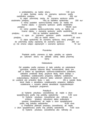 a prekladateľov, za každú stranu
1,50 eura
j) zápis fyzickej osoby do zoznamu správcov podľa
osobitného predpisu
10b)
200 eur
k) zápis právnickej osoby do zoznamu správcov podľa
osobitného predpisu,
10b) za každého spoločníka
200 eur
l) ročný poplatok správcu-fyzickej osoby za každý rok
trvania zápisu v zozname správcov podľa osobitného
predpisu
10b)
165,50 eura
m) ročný poplatok správcu-právnickej osoby za každý rok
trvania zápisu v zozname správcov podľa osobitného
predpisu,
10b) za každého spoločníka
165,50 eura
n) výpis zo zoznamu správcov podľa osobitného
predpisu,
10b) za každú stranu
1,50 eura
o) zápis spoločníka do zoznamu správcov, ktorý pristúpil
do právnickej osoby zapísanej do zoznamu správcov
200 eur
p) iná zmena údajov zapísaných v zozname správcov
10 eur
Poznámka
Poplatok podľa písmena c) tejto položky sa vyberie
po vykonaní úkonu na základe ústnej alebo písomnej
výzvy.
Oslobodenie
Od poplatku podľa písmena d) tejto položky sú oslobodené
gymnázia, stredné odborné školy, konzervatóriá, školy pre
deti a žiakov so špeciálnymi výchovno-vzdelávacími potrebami,
základné umelecké školy, jazykové školy, ktoré žiadajú o
akreditáciu vzdelávacieho programu ďalšieho vzdelávania
zodpovedajúcu študijným odborom alebo učebným odborom, ktoré
sú uvedené pre príslušnú školu v sieti,
20) a vysoká škola,
ktorá žiada o akreditáciu vzdelávacieho programu ďalšieho
vzdelávania v rozsahu platnej akreditácie vysokoškolských
študijných programov.
21)
Položka 6
a) Vydanie preukazu (osvedčenia), ak nejde o úkon
spoplatňovaný podľa inej položky sadzobníka
4,50 eura
b) Vydanie preukazu (osvedčenia) ako náhrady za
zničený,
stratený, odcudzený alebo poškodený
preukaz (osvedčenie), ak nejde o úkon spoplatňovaný
podľa inej položky sadzobníka
16,50 eura
c) Predĺženie platnosti preukazu (osvedčenia), ak nejde
o úkon spoplatňovaný podľa inej položky sadzobníka
6,50 eura
d) Vydanie preukazu (osvedčenia) ako náhrady za

 