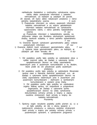nahliadnutie žiadateľovi s možnosťou vyhotovenia výpisu
náčrtu alebo poskytnutie informácie z katastra
nehnuteľností, za každých aj začatých 20 parciel,
20 stavieb, 20 bytov alebo nebytových priestorov v rámci
jedného katastrálneho územia
3 eurá
f) Poskytnutie informácií zo súboru popisných informácií
katastra nehnuteľností a zo súboru geodetických
informácií katastra nehnuteľností na vyhotovenie
vytyčovacieho náčrtu v rámci jedného katastrálneho
územia
17 eur
g) Poskytnutie informácií z katastrálneho operátu na
zisťovanie údajov pre likvidáciu obchodných spoločností,
dražby, bankové subjekty, v rámci jedného katastrálneho
územia
7 eur
h) Overenie štyroch vyhotovení geometrického plánu vrátane
poskytnutých informácií
27 eur
i) Overenie ďalších troch vyhotovení geometrického plánu
7 eur
j) Vydanie kópie geometrického plánu, za každých aj
začatých päť strán formátu A4
8 eur
Oslobodenie
1. Od poplatkov podľa tejto položky sú oslobodené obce a
vyššie územné celky, ak žiadajú o vykonanie týchto
spoplatňovaných úkonov na účely usporiadania
vlastníckych práv k pozemným komunikáciám a ku školám,
ktoré prešli do ich pôsobnosti podľa osobitných
predpisov.
2. Od poplatkov podľa tejto položky je oslobodená Slovenská
správa ciest a Národná diaľničná spoločnosť, a.s., ak
žiadajú o vykonanie týchto spoplatňovaných úkonov na
účely usporiadania vlastníckych práv k pozemkom pod
pozemnými komunikáciami - diaľnicami a rýchlostnými
komunikáciami a cestami prvej triedy.
3. Od poplatkov podľa tejto položky sú oslobodené
orgány štátnej správy, ich rozpočtové a príspevkové
organizácie, ak žiadajú o vykonanie týchto
spoplatňovaných úkonov na účely vyhotovenia
dokumentácie ochrany prírody a krajiny a zápisu
osobitne chránených častí prírody a krajiny do
katastra nehnuteľností.
Poznámky
1. Správny orgán nevyberie poplatky podľa písmen a), c) a
e) tejto položky, ak ide o úkony spojené s
realizovaním prieskumu a výskumu osobitne chránených
častí prírody a krajiny pre potreby ochrany prírody, s
pozemkovými úpravami, s vyhotovením programov

 