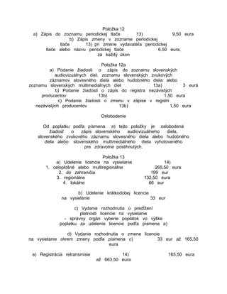 Položka 12
a) Zápis do zoznamu periodickej tlače
13)
9,50 eura
b) Zápis zmeny v zozname periodickej
tlače
13) pri zmene vydavateľa periodickej
tlače alebo názvu periodickej tlače
6,50 eura,
za každý úkon
Položka 12a
a) Podanie žiadosti o zápis do zoznamu slovenských
audiovizuálnych diel, zoznamu slovenských zvukových
záznamov slovesného diela alebo hudobného diela alebo
zoznamu slovenských multimediálnych diel
13a)
3 eurá
b) Podanie žiadosti o zápis do registra nezávislých
producentov
13b)
1,50 eura
c) Podanie žiadosti o zmenu v zápise v registri
nezávislých producentov
13b)
1,50 eura
Oslobodenie
Od poplatku podľa písmena a) tejto položky je oslobodená
žiadosť
o
zápis slovenského
audiovizuálneho
diela,
slovenského zvukového záznamu slovesného diela alebo hudobného
diela alebo slovenského multimediálneho diela vyhotoveného
pre zdravotne postihnutých.
Položka 13
a) Udelenie licencie na vysielanie
1. celoplošné alebo multiregionálne
2. do zahraničia
3. regionálne
4. lokálne

14)
265,50 eura
199 eur
132,50 eura
66 eur

b) Udelenie krátkodobej licencie
na vysielanie
33 eur
c) Vydanie rozhodnutia o predĺžení
platnosti licencie na vysielanie
- správny orgán vyberie poplatok vo výške
poplatku za udelenie licencie podľa písmena a)
d) Vydanie rozhodnutia o zmene licencie
na vysielanie okrem zmeny podľa písmena c)
33 eur až 165,50
eura
e) Registrácia retransmisie

14)
až 663,50 eura

165,50 eura

 