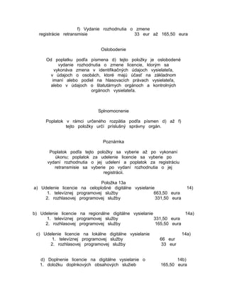f) Vydanie rozhodnutia o zmene
registrácie retransmisie
33 eur až 165,50 eura
Oslobodenie
Od poplatku podľa písmena d) tejto položky je oslobodené
vydanie rozhodnutia o zmene licencie, ktorým sa
vykonáva zmena v identifikačných údajoch vysielateľa,
v údajoch o osobách, ktoré majú účasť na základnom
imaní alebo podiel na hlasovacích právach vysielateľa,
alebo v údajoch o štatutárnych orgánoch a kontrolných
orgánoch vysielateľa.

Splnomocnenie
Poplatok v rámci určeného rozpätia podľa písmen d) až f)
tejto položky určí príslušný správny orgán.
Poznámka
Poplatok podľa tejto položky sa vyberie až po vykonaní
úkonu; poplatok za udelenie licencie sa vyberie po
vydaní rozhodnutia o jej udelení a poplatok za registráciu
retransmisie sa vyberie po vydaní rozhodnutia o jej
registrácii.
Položka 13a
a) Udelenie licencie na celoplošné digitálne vysielanie
1. televíznej programovej služby
663,50 eura
2. rozhlasovej programovej služby
331,50 eura

14)

b) Udelenie licencie na regionálne digitálne vysielanie
14a)
1. televíznej programovej služby
331,50 eura
2. rozhlasovej programovej služby
165,50 eura
c) Udelenie licencie na lokálne digitálne vysielanie
1. televíznej programovej služby
2. rozhlasovej programovej služby
d) Doplnenie licencie na digitálne vysielanie o
1. doložku doplnkových obsahových služieb

14a)
66 eur
33 eur
14b)
165,50 eura

 