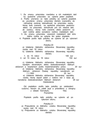 1. Za zmenu priezviska manželov a ich maloletých detí
na spoločné priezvisko sa vyberie jeden poplatok.
2. Podľa písmena a) tejto položky sa vyberie poplatok
za povolenie zmeny priezviska dieťaťa zvereného do
náhradnej osobnej starostlivosti na priezvisko osoby,
ktorej bolo zverené, na spoločné priezvisko pestúnov
alebo na priezvisko dohodnuté pre ich vlastné deti,
ak osobou, ktorej bolo zverené, alebo pestúnmi sú
starí rodičia alebo súrodenci rodičov maloletých detí.
3. Za zmenu priezviska viacerých maloletých detí toho
istého rodiča sa vyberie len jeden poplatok.
4. Poplatok podľa tejto položky sa vyberie až po vykonaní
úkonu.
a) Udelenie štátneho
osobe nad 18 rokov
b) Udelenie štátneho

Položka 20
občianstva
občianstva
dieťaťu

Slovenskej republiky
700 eur
Slovenskej republiky

1. do 15 rokov
2. od 15 rokov do 18 rokov

100 eur
150 eur

c) Udelenie štátneho občianstva Slovenskej republiky
bývalým slovenským alebo československým štátnym
občanom a reoptantom podľa medzinárodného práva
20 eur
d) Udelenie štátneho občianstva Slovenskej republiky
štátnym občanom Českej republiky narodeným po
1.1.1993
20 eur
e) Udelenie štátneho občianstva Slovenskej republiky
osobe, ktorej aspoň jeden z rodičov bol v čase jej
narodenia československým štátnym občanom
20 eur
Oslobodenie
Od poplatkov podľa tejto položky sú oslobodení
cudzinci, ktorým sa udelil azyl a presídlenci z Ukrajiny
z oblasti Černobyľu.
16a)
Poznámka
Poplatok

podľa

tejto položky sa
vykonaní úkonu.

vyberie

až

po

Položka 21
a) Prepustenie zo štátneho zväzku Slovenskej republiky
osoby nad 18 rokov
700 eur
b) Prepustenie zo štátneho zväzku Slovenskej republiky
dieťaťa

 