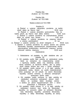 Položka 30a
Zrušená od 15.9.1999
Položka 30b
Zrušená od 15.9.1999
Nadpis zrušený od 15.9.1999
Položka 31
a) Žiadosť o vydanie nákupného povolenia, za každú
zbraň alebo jej hlavnú časť
16,50 eura
b) Žiadosť o vydanie zbrojného sprievodného listu na
každú zbraň, jej hlavnú časť alebo strelivo
16,50 eura
c) Žiadosť o vydanie povolenia na znehodnotenie zbrane
alebo na výrobu rezu zbrane
6,50 eura
d) Žiadosť o vydanie povolenia na prepravu zbraní
a streliva podnikateľom
33 eur
e) Žiadosť o vydanie výnimky na zbraň kategórie A
99,50 eura
f) Žiadosť o vydanie povolenia na prevoz zbrane cez územie
Slovenskej republiky zamestnancom bezpečnostnej služby
vykonávajúcej profesionálnu cezhraničnú prepravu eurovej
hotovosti cestnou dopravou
16,50 eura
Oslobodenie
1. Oslobodenie

od poplatku tu platí obdobne ako pri
položke 30.
2. Od poplatku podľa tejto položky sú oslobodené osoby,
ktoré sa zúčastnia na medzinárodnej súťaži
v športovej streľbe alebo inej obdobnej súťaži,
ktorej súčasťou je športová streľba, ako aj osoby,
ktoré získajú zbrane ako ceny v týchto súťažiach.
3. Od poplatku podľa písmen c) a d) tejto položky sú
oslobodené osoby, ktorým sa podľa medzinárodných
zmlúv poskytuje pri ich pobyte na území Slovenskej
republiky osobná ochrana, a členovia ozbrojených
sprievodov týchto osôb.
4. Od poplatku podľa písmena b) tejto položky sú
oslobodení príslušníci policajných zborov iných
štátov, ak vyvážajú alebo dovážajú zbrane
a strelivo pri plnení bezpečnostných úloh v rámci
spolupráce s Policajným zborom.
5. Od poplatku podľa písmen c) a d) tejto položky sú
oslobodení cudzinci, ktorí prídu do Slovenskej
republiky na pozvanie alebo so súhlasom Národnej
rady Slovenskej republiky, prezidenta Slovenskej
republiky a vlády Slovenskej republiky, ak úkony

 
