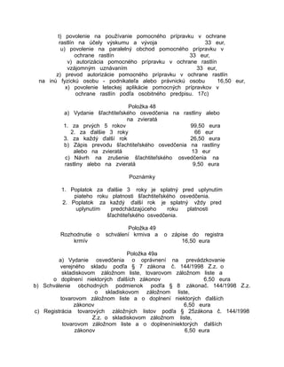 t) povolenie na používanie pomocného prípravku v ochrane
rastlín na účely výskumu a vývoja
33 eur,
u) povolenie na paralelný obchod pomocného prípravku v
ochrane rastlín
33 eur,
v) autorizácia pomocného prípravku v ochrane rastlín
vzájomným uznávaním
33 eur,
z) prevod autorizácie pomocného prípravku v ochrane rastlín
na inú fyzickú osobu - podnikateľa alebo právnickú osobu
16,50 eur,
x) povolenie leteckej aplikácie pomocných prípravkov v
ochrane rastlín podľa osobitného predpisu. 17c)
Položka 48
a) Vydanie šľachtiteľského osvedčenia na rastliny alebo
na zvieratá
1. za prvých 5 rokov
99,50 eura
2. za ďalšie 3 roky
66 eur
3. za každý ďalší rok
26,50 eura
b) Zápis prevodu šľachtiteľského osvedčenia na rastliny
alebo na zvieratá
13 eur
c) Návrh na zrušenie šľachtiteľského osvedčenia na
rastliny alebo na zvieratá
9,50 eura
Poznámky
1. Poplatok za ďalšie 3 roky je splatný pred uplynutím
piateho roku platnosti šľachtiteľského osvedčenia.
2. Poplatok za každý ďalší rok je splatný vždy pred
uplynutím
predchádzajúceho
roku
platnosti
šľachtiteľského osvedčenia.
Rozhodnutie o
krmív

Položka 49
schválení krmiva a

o zápise do registra
16,50 eura

Položka 49a
a) Vydanie osvedčenia o oprávnení na prevádzkovanie
verejného skladu podľa § 7 zákona č. 144/1998 Z.z. o
skladiskovom záložnom liste, tovarovom záložnom liste a
o doplnení niektorých ďalších zákonov
6,50 eura
b) Schválenie obchodných podmienok podľa § 8 zákonač. 144/1998 Z.z.
o skladiskovom záložnom liste,
tovarovom záložnom liste a o doplnení niektorých ďalších
zákonov
6,50 eura
c) Registrácia tovarových záložných listov podľa § 25zákona č. 144/1998
Z.z. o skladiskovom záložnom liste,
tovarovom záložnom liste a o doplneníniektorých ďalších
zákonov
6,50 eura

 
