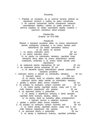 Poznámky
1. Poplatok sa nevyberie, ak je územné konanie zlúčené so
stavebným konaním a vydáva sa jedno rozhodnutie.
2. Ak územné rozhodnutie zahŕňa umiestnenie viacerých
samostatných objektov, vyberie sa podľa písmena a)
súhrnný poplatok za všetky samostatné objekty uvedené v
územnom rozhodnutí okrem prípojok.
Položka 59a
Zrušená od 15.9.1999
Položka 60
Žiadosť o stavebné povolenie alebo na zmeny dokončených
stavieb (nadstavba, prístavba) a na zmeny stavieb pred
dokončením (za každú samostatnú stavbu)
a) na stavby na bývanie
1. na stavbu rodinného domu
50 eur
2. na stavbu bytového domu
200 eur
b) na stavby na individuálnu rekreáciu, napríklad chaty,
rekreačné domy alebo na zmeny dokončených stavieb
(nadstavba, prístavba) a na zmeny týchto stavieb pred
dokončením
1. ak zastavaná plocha nepresahuje 25 m2
25 eur
2. ak zastavaná plocha presahuje 25 m2
50 eur
c) na stavebné úpravy dokončených stavieb vyžadujúce
stavebné povolenie
1. rodinných domov a stavieb na individuálnu rekreáciu
35 eur
2. bytových domov
100 eur
d) na stavby, ktoré sú súčasťou alebo príslušenstvom
rodinných domov alebo stavieb na individuálnu rekreáciu
1. garáže s jedným alebo dvoma miestami
30 eur
2. na prípojky na existujúcu verejnú rozvodnú sieť
30 eur
3. na vodné stavby, napríklad studne, vsaky nad 5 m2,
malé čistiarne odpadových vôd, jazierka
30 eur
4. na spevnené plochy a parkoviská
30 eur
5. na stavby s doplnkovou funkciou k týmto stavbám,
napríklad letné kuchyne, bazény, sklady
30 eur
e) na stavby, ktoré sú súčasťou alebo príslušenstvom
k bytovým domom a ostatným budovám
1. garáže s jedným alebo dvoma miestami
50 eur
2. na prípojky na existujúcu verejnú rozvodnú sieť
50 eur
3. na vodné stavby, napríklad studne, vsaky nad 5 m2,
malé čistiarne odpadových vôd, jazierka
50 eur
4. na spevnené plochy a parkoviská
50 eur
5. na stavby s doplnkovou funkciou, napríklad prístrešky,

 