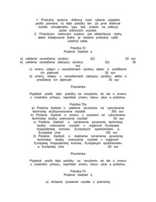 1. Príslušný správny dráhový úrad vyberie poplatok
podľa písmena b) tejto položky len za prvé dráhové
vozidlo schváleného typu bez zreteľa na celkový
počet dráhových vozidiel.
2. Príslušným dráhovým úradom pre električkové dráhy
alebo trolejbusové dráhy je miestne príslušný vyšší
územný celok.
Položka 72
Podanie žiadosti o
a) udelenie osvedčenia výrobcu
22)
20 eur
b) udelenie osvedčenia zástupcu výrobcu
22)
30
eur
c) zmenu údajov v osvedčeniach výrobcu alebo o predĺženie
ich platnosti
20 eur
d) zmenu údajov v osvedčeniach zástupcu výrobcu alebo o
predĺženie ich platnosti
30 eur
Poznámka
Poplatok podľa tejto položky sa nevyberie, ak ide o zmenu
z úradného príkazu, napríklad zmenu názvu ulice a podobne.
Položka 72a
a) Podanie žiadosti o udelenie poverenia na vykonávanie
technickej službyoverovania vozidiel
300 eur
b) Podanie žiadosti o zmenu v poverení na vykonávanie
technickej služby overovania vozidiel
50 eur
c) Podanie žiadosti o oznámenie poverenej technickej
služby overovania vozidiel v orgánoch Európskej
hospodárskej komisie, Európskych spoločenstiev a
Európskej únie
100 eur
d) Podanie žiadosti o doplnenie oznámenia poverenej
technickej služby overovania vozidiel v orgánoch
Európskej hospodárskej komisie, Európskych spoločenstiev
a Európskej únie
50 eur
Poznámka
Poplatok podľa tejto položky sa nevyberie, ak ide o zmenu
z úradného príkazu, napríklad zmenu názvu ulice a podobne.
Položka 73
Podanie žiadosti o
a) dočasné vyradenie vozidla z premávky

 