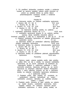 2. Pri predĺžení dočasného vyradenia vozidla z evidencie
vozidiel sa správny poplatok vyberie podľa písmena a),
pričom za začiatok lehoty sa počíta dátum
predchádzajúceho vyradenia vozidla z evidencie
vozidiel.
Položka 74
a) Vykonanie skúšky na získanie vodičského oprávnenia
1. skupiny AM, A1, A2, A
16,5 eura
2. skupiny B1, B, BE, T
33 eur
3. skupiny C1, C1E, D1, D1E
49,5 eura
4. skupiny C, CE, D, DE
66 eur
b) Vykonanie osobitnej skúšky na udelenie
1. vodičského oprávnenia skupiny A2 a A
16,50 eura
2. vodičského oprávnenia skupiny B na vedenie jazdnej
súpravy, ktorej najväčšia prípustná celková
hmotnosť presahuje 3 500 kg a nepresahuje 4 250 kg B
33 eur
c) Udelenie vodičského oprávnenia na základe absolvovania
osobitného výcviku
10 eur
d) Vykonanie skúšky pri preskúšaní odbornej spôsobilosti
držiteľa vodičského oprávnenia
16,50 eura
e) Vykonanie skúšky na získanie inštruktorského oprávnenia
1. skupiny AM, A1, A2, A
16,5 eura
2. skupiny B1, B, BE, T
33 eur
3. skupiny C1, C1E, D1, D1E
49,5 eura
4. skupiny C, CE, D, DE
66 eur
f) Vykonanie skúšky na predĺženie platnosti inštruktorského
oprávnenia
16,50 eura
Poznámky
1. Správny orgán vyberie poplatky podľa tejto položky
vo výške 25%, ak ide o skúšku na získanie vodičského
oprávnenia, ak sa výcvik vykonával na stredných (aj
vojenských) školách a odborných učilištiach v rámci
povinného predmetu dopravnej výchovy, ak sa výcvik
vykonával na stredných odborných školách Policajného
zboru v rámci odbornej prípravy, ak ide o vykonanie
skúšky na získanie vodičského oprávnenia odvedencov
a o opakované skúšky.
2. Poplatok podľa tejto položky sa nevyberie za
preskúšanie odbornej spôsobilosti pri vydaní
vodičského preukazu náhradou za vodičský preukaz
vydaný v cudzine.
3. Poplatok podľa písmena a) tejto položky sa vyberie
za každú skupinu vodičského oprávnenia, ktorú
žiadateľ získava. Pri získavaní viacerých skupín
vodičského oprávnenia v rámci jednej skúšky sa

 