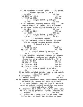1.2. pri prekročení prípustnej výšky
24) vrátane
nákladu (vyjadrené v cm) je
do 400,0
20 eur
od 400,1 do 450,0
40 eur
od 450,1 do 500,0
115 eur
a za každých ďalších aj začatých
10 cm
20 eur
1.3. pri prekročení prípustnej celkovej dĺžky
24)
vrátane nákladu, ak celková dĺžka jednotlivého
vozidla alebo jazdnej súpravy (vyjadrené v m) je
do 12,00
20 eur
od 12,01 do 22,00
115 eur
nad 22,01
190 eur
a za každých ďalších aj začatých
5,0 m
55 eur
2. nadmerná preprava
2.1. pri prekročení prípustnej celkovej hmotnosti,
25) ak celková hmotnosť vrátane nákladu
(vyjadrené v t) je
do 20,00
115 eur
od 20,01 do 30,00
190 eur
od 30,01 do 50,00
300 eura
za každých ďalších aj začatých
10 t
75 eur
2.2. pri prekročení prípustnej hmotnosti na nápravu
25a) (nápravové zaťaženie) bez rozdielu, o akú
nápravu ide, ak preťaženie (vyjadrené v %) je
od 3,01 do 5,00
95 eur
od 5,01 do 10,00
150 eur
od 10,01 do 15,00
270 eur
od 15,01 do 20,00
380 eur
a za každých ďalších aj začatých
5%
190 eur
b) za každú jednotlivú tranzitnú prepravu cez územie
Slovenskej republiky
1. nadrozmerná preprava
190 eur
2. ostatné prípady
380 eur
c) za prepravu nadmerného alebo nadrozmerného stavebného
mechanizmu po vlastnej osi alebo na podvozku
1. za každú jednotlivú prepravnú trasu a prepravný
zámer, ak celková hmotnosť stavebného mechanizmu
vrátane podvozku a ťahača
1.1. neprekročí 60 t alebo šírku 3,1 m, alebo výšku
4,5 m a nie sú prekročené prípustné hmotnosti na
nápravu
115 eur
1.2. prekročí 60 t alebo šírku 3,1 m, alebo výšku
4,5 m alebo sú prekročené hmotnosti na jednu

 