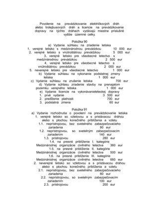 Povolenie na prevádzkovanie električkových dráh
alebo trolejbusových dráh a licencie na prevádzkovanie
dopravy na týchto dráhach vydávajú miestne príslušné
vyššie územné celky.
Položka 90
a) Vydanie súhlasu na zriadenie letiska
1. verejné letisko s medzinárodnou prevádzkou
10 000 eur
2. verejné letisko s vnútroštátnou prevádzkou
5 000 eur
3. verejné letisko pre všeobecné letectvo s
medzinárodnou prevádzkou
2 500 eur
4. verejné letisko pre všeobecné letectvo s
vnútroštátnou prevádzkou
2 000 eur
5. neverejné letisko pre všeobecné letectvo
1 000 eur
b) Vydanie súhlasu na vykonanie podstatnej zmeny
letiska
1 000 eur
c) Vydanie súhlasu na zrušenie letiska
700 eur
d) Vydanie súhlasu zriadenie stavby na prenajatom
pozemku verejného letiska
1 000 eur
e) Vydanie licencie na vykonávanieleteckej dopravy
1. prvé vydanie
3 500 eur
2. predĺženie platnosti
700 eur
3. podstatná zmena
60 eur
Položka 91
a) Vydanie rozhodnutia o povolení na prevádzkovanie letiska
1. verejné letisko so vzletovou a s pristávacou dráhou
alebo s plochou konečného priblíženia a vzletu
1.1. neprístrojovou, bez svetelného zabezpečovacieho
zariadenia
80 eur
1.2. neprístrojovou, so svetelným zabezpečovacím
zariadením
140 eur
1.3. prístrojovou
280 eur
1.4. na presné priblíženie I. kategórie
Medzinárodnej organizácie civilného letectva
360 eur
1.5. na presné priblíženie II. kategórie
Medzinárodnej organizácie civilného letectva
500 eur
1.6. na presné priblíženie III. kategórie
Medzinárodnej organizácie civilného letectva
660 eur
2. neverejné letisko so vzletovou a s pristávacou dráhou
alebo s plochou konečného priblíženia a vzletu
2.1. neprístrojovou, bez svetelného zabezpečovacieho
zariadenia
80 eur
2.2. neprístrojovou, so svetelným zabezpečovacím
zariadením
100 eur
2.3. prístrojovou
200 eur

 