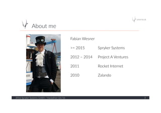 About  me  
2016  Spryker  Systems  GmbH  /  Hackathon  Q1/16   3  
Fabian  Wesner  
  
>=  2015      Spryker  Systems  
  
2012  –  2014     Project  A  Ventures  
  
2011         Rocket  Internet  
  
2010         Zalando  
 