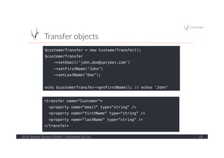 Transfer  objects  
2016  Spryker  Systems  GmbH  /  Hackathon  Q1/16   33  
$customerTransfer = new CustomerTransfer();!
$customerTransfer!
->setEmail('john.doe@spryker.com')!
->setFirstName('John')!
->setLastName('Doe');!
!
echo $customerTransfer->getFirstName(); // echos 'John'!
!
<transfer name="Customer">!
<property name="email" type="string" />!
<property name="firstName" type="string" />!
<property name="lastName" type="string" />!
</transfer>!
 